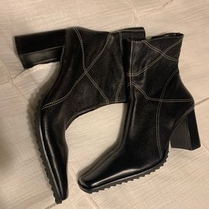 slick  black leather boots 2 1/2”heals